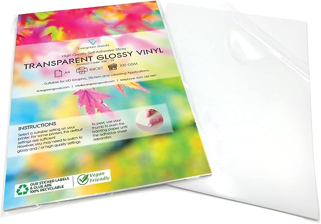 Evergreen Goods 10 Sheets A4 Glossy Transparent Sticker Vinyl Label | Inkjet Printable | Make Your own Stickers, Products Labels | Quality Self Adhesive Sticky Back Clear PVC | Not Waterproof