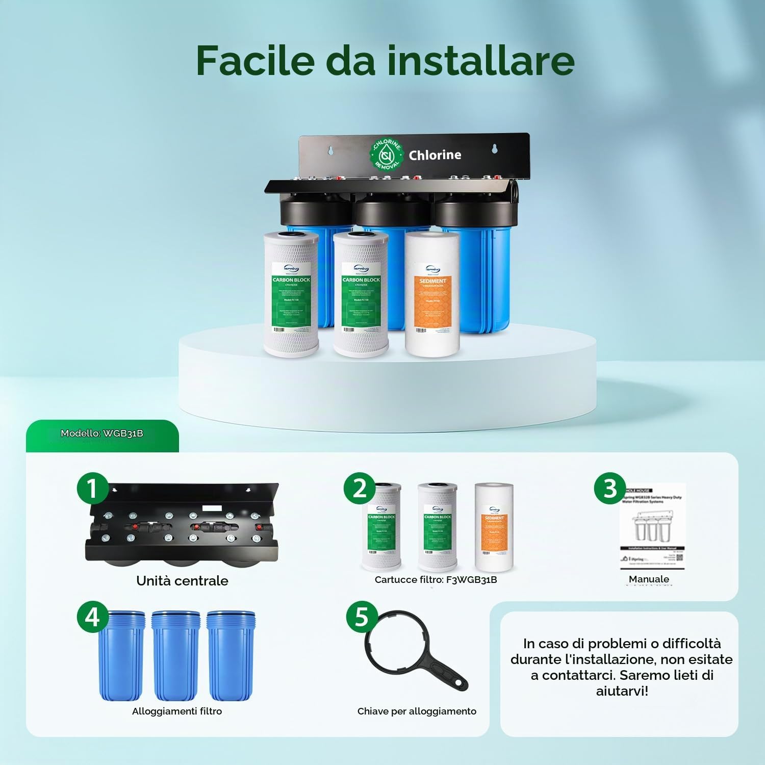 iSpring WGB31B Filtro Acqua per Tutta la Casa, Riduce fino al 99% di Cloro, Sedimenti, Gusto e Odore, 3 Stadi con Filtri a Sedimenti e Carbon Block da 10", Ingresso/Uscita da 1"