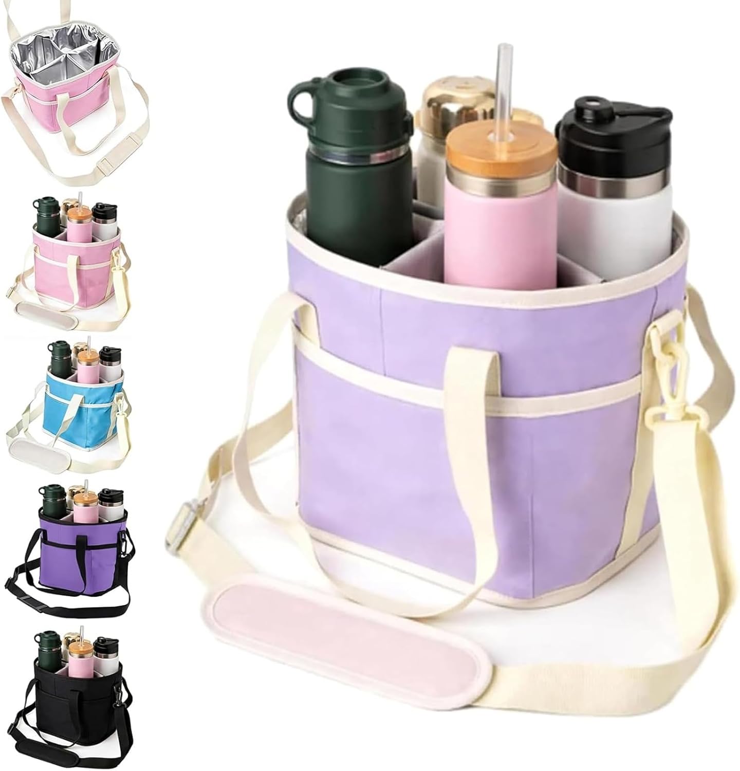 Family Size 4 Compartment Insulated Drink Carrier Holder Bag, Reusable Insulated Drink Holder Bag, with Adjustable Handle Strap Divider Reusable for Travel Sports Daily Use (Pink)