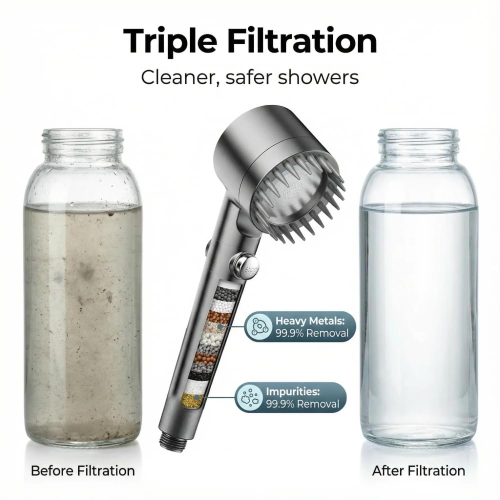 Alcachofa de ducha filtrada con mango, cabezal de ducha de alta presión con 4 tipos de rociado con filtros y boquillas antiobstrucciones mejoradas para agua dura - Elimina el cloro, reduce la piel — view 3