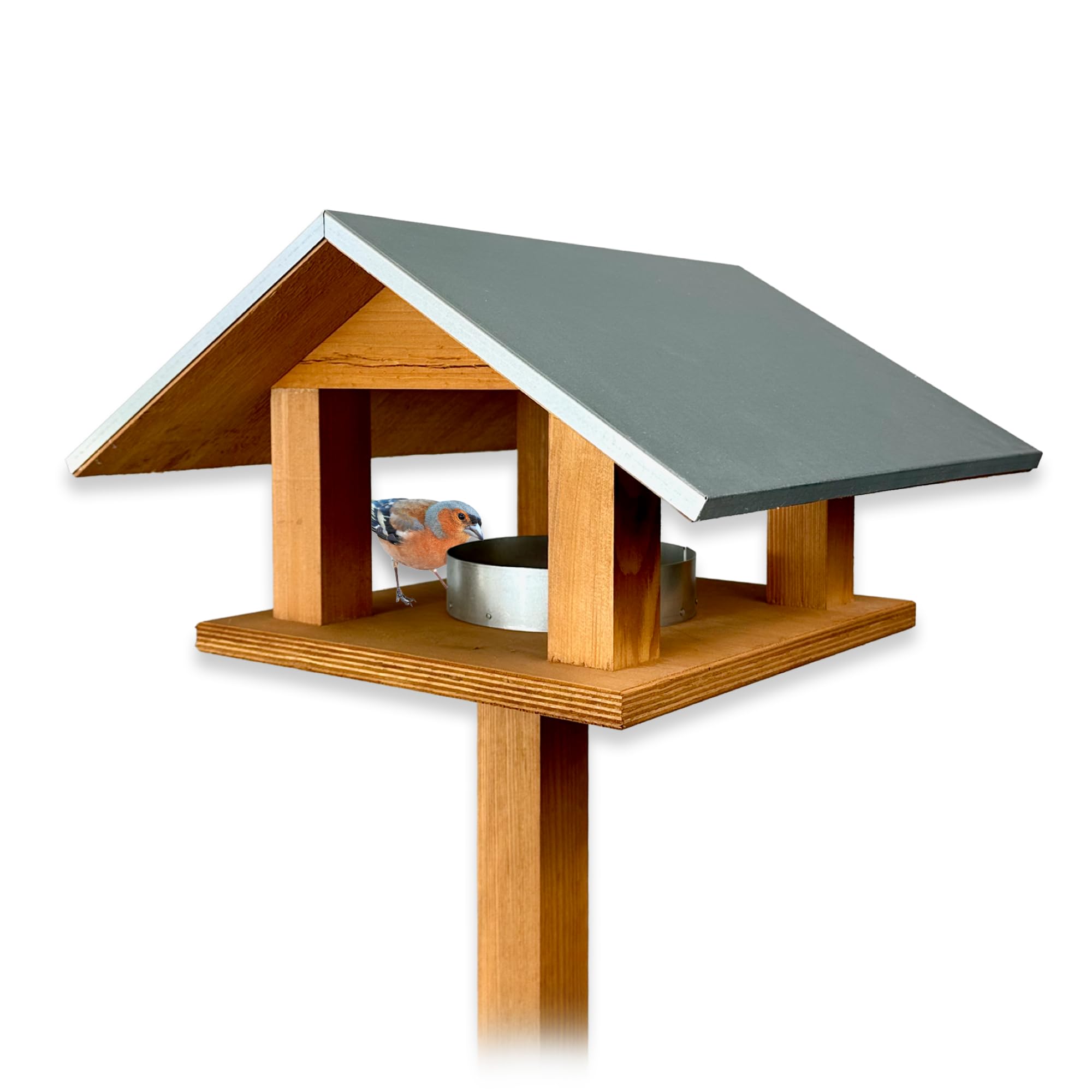 GARTENETAGE Vogelwunder mit Metalldach – Premium Vogelhaus aus Kiefernholz, wetterfest & hygienisch, mit herausnehmbarer Futterstelle, 2-in-1 Ständer, ideal für Wildvögel im Garten