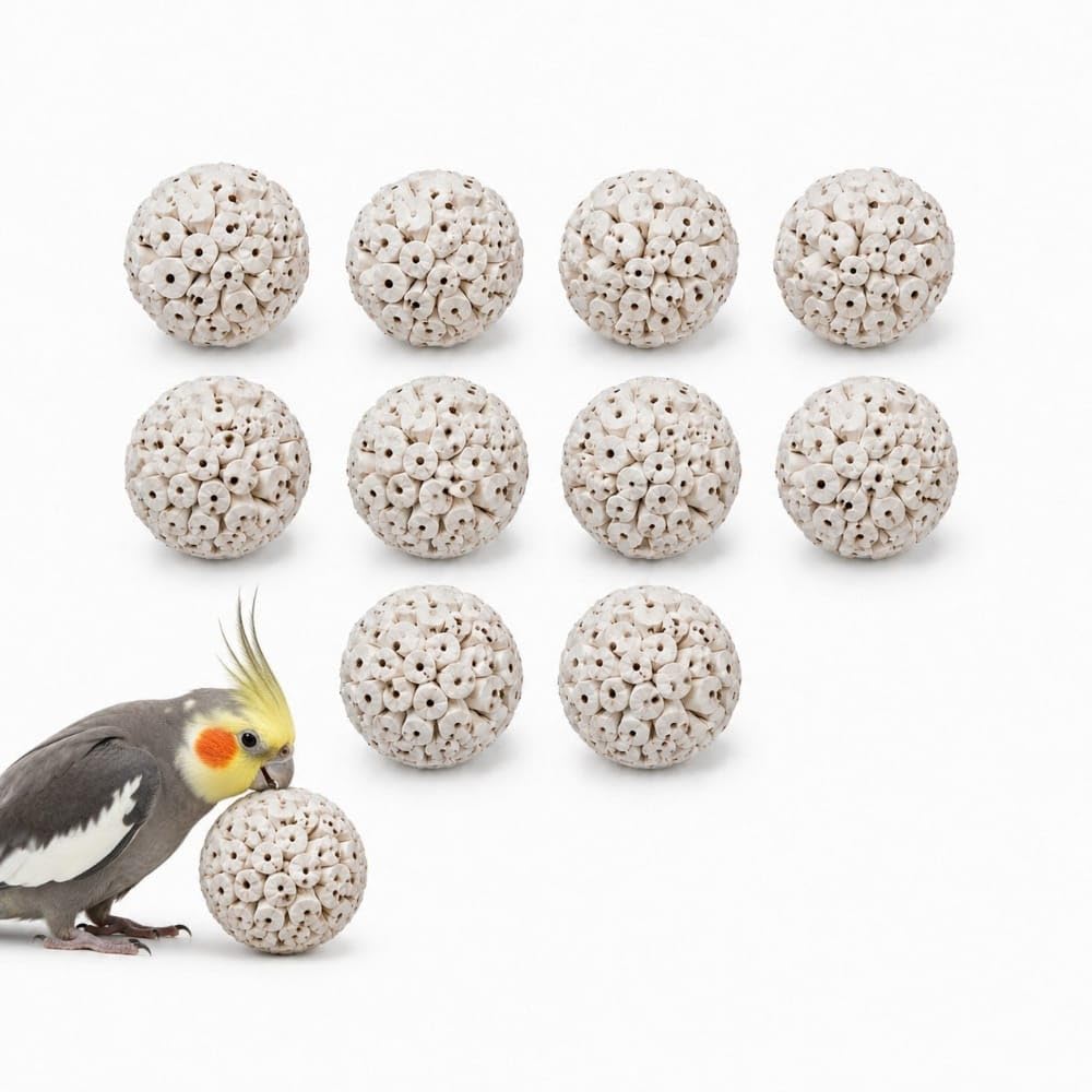 Natural Sola Wood Bird Chew Balls Toy for Parrot, Budgie, Cockatiel & Love Birds | Safe Hanging Cage Chewing & Foraging Toys for Beak Grinding | Lightweight Pet Bird Accessories Pack of 10-image-5