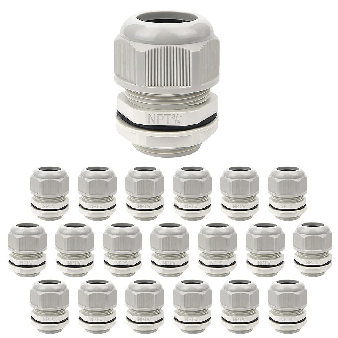 LeMotech 20 Pack NPT 3/4" Cable Glands Waterproof Adjustable 12.5-18mm Cable Connectors Grey Nylon Joints with Gaskets