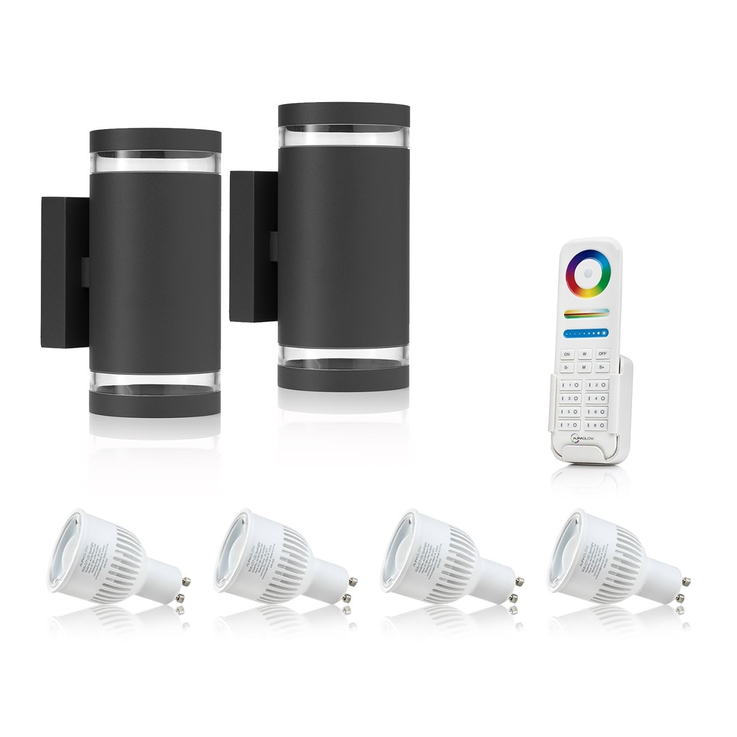 Auraglow RF Remote Control Colour Changing LED Double Up & Down Outdoor Wall Light (with Colour Changing Bulbs & 8 Zone Remote, 2 Pack)