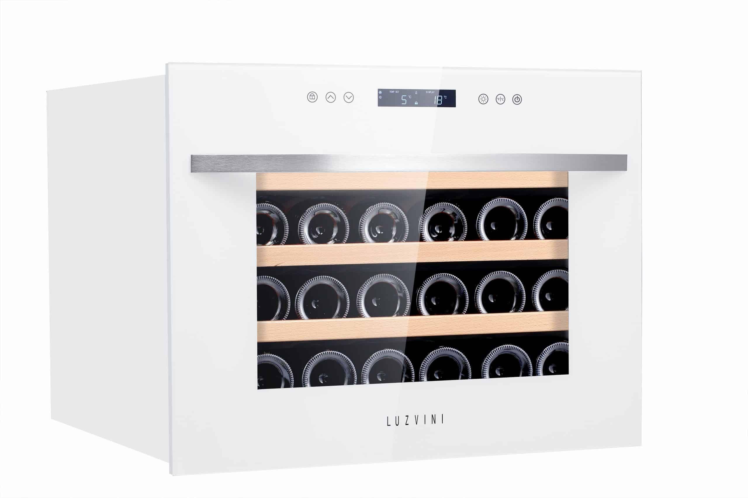 LV22W Weißer Einbau-Weinkühlschrank - 2 Zonen - Vollglas-Designtür, 22 Flaschen, 41 dB, 60 cm breit und 3 ausziehbare Schubladen aus Buchenholz