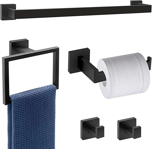 Dorudon atrox Juego de accesorios de baño de 7 piezas, color negro, juego de accesorios de baño negro mate con 2 ganchos para toallas, juego de