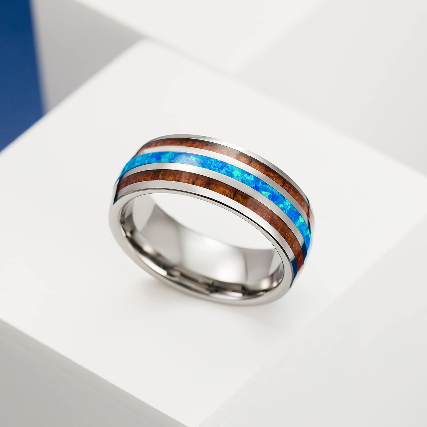 8mm Opal Tungsten Carbide Hawaiian Koa Tree Wood with Created Comfort Fit Ring Engagement Wedding Band Dome Style Weighted High Polished Finish with Gift box