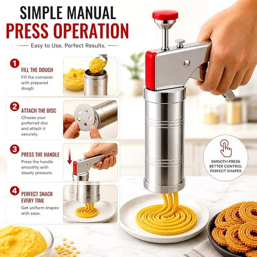 Image of Sev Maker Machine Stainless Steel with 15 Interchangeable Jali Discs, Hand Press Snack Maker, Murukku Maker, Chakli Press, Namkeen Maker for Home Kitchen