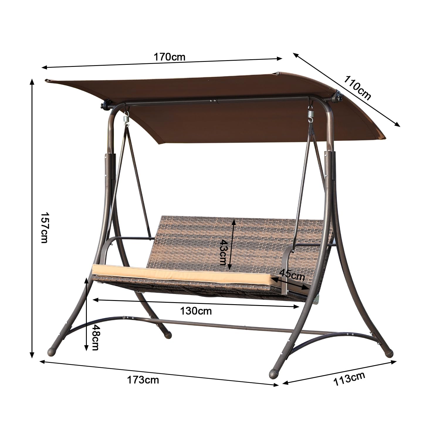 Angel Living Hollywoodschaukel Gartenschaukel Rattan 3-Sitzer mit Sonnendach und Sitzbezug170 x 110 x 157 cm (Braun)