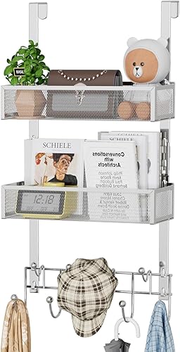 Miniatura 81 de HapiRm Gancho para puerta con 2 cestas de malla y 9 ganchos, acero inoxidable 304 sin perforaciones sobre el colgador de puerta, organizador