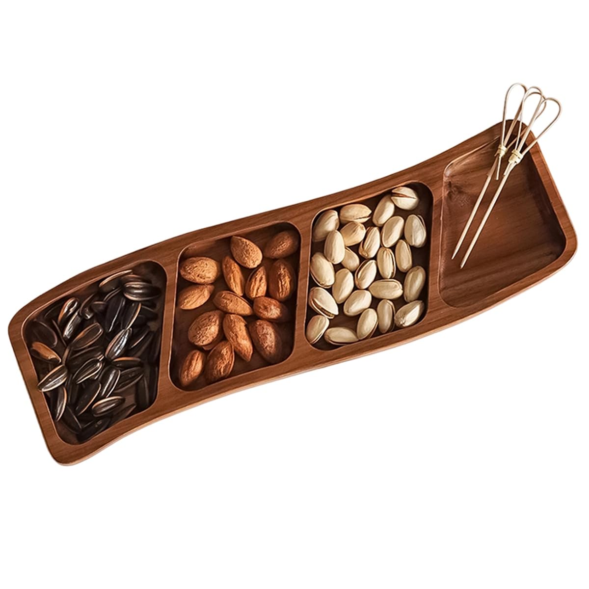 CTRLZS Shallow Plate Wooden Three-Four-Compartment Curved Snack Tray, Dried Fruit, Candy, Seasoning Dipping Plate 1Pc B