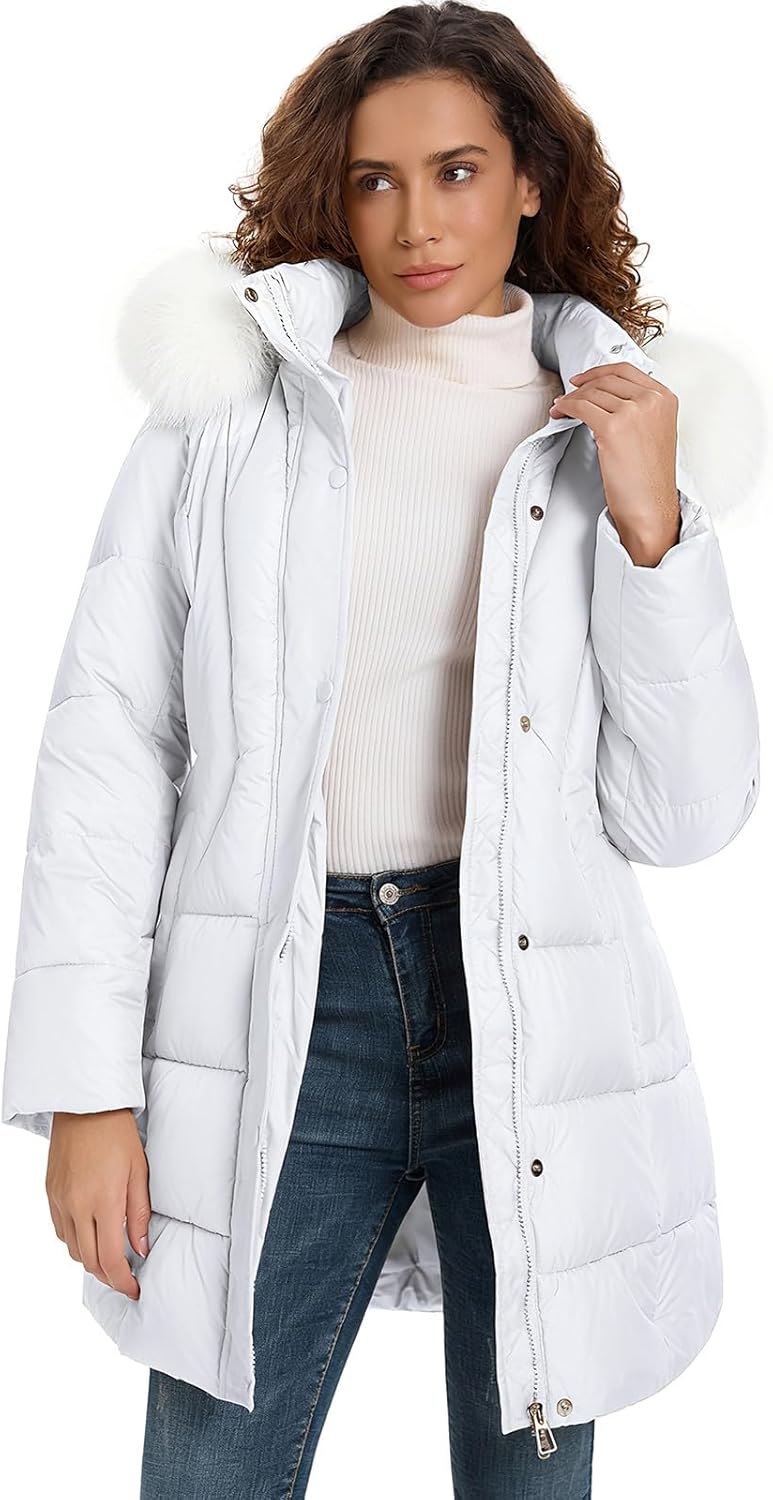 ALSOGO Women's Winter Coats Warm Mid-Length Down Jackets Outwear With Removable Fur Trim Hood