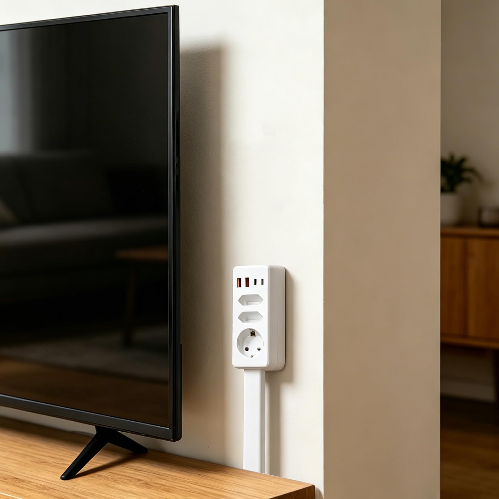 Enchufe eléctrico retráctil con puertos USB-C y USB-A | regleta extensible 44,5-65 cm para enchufes de difícil acceso detrás del sofá