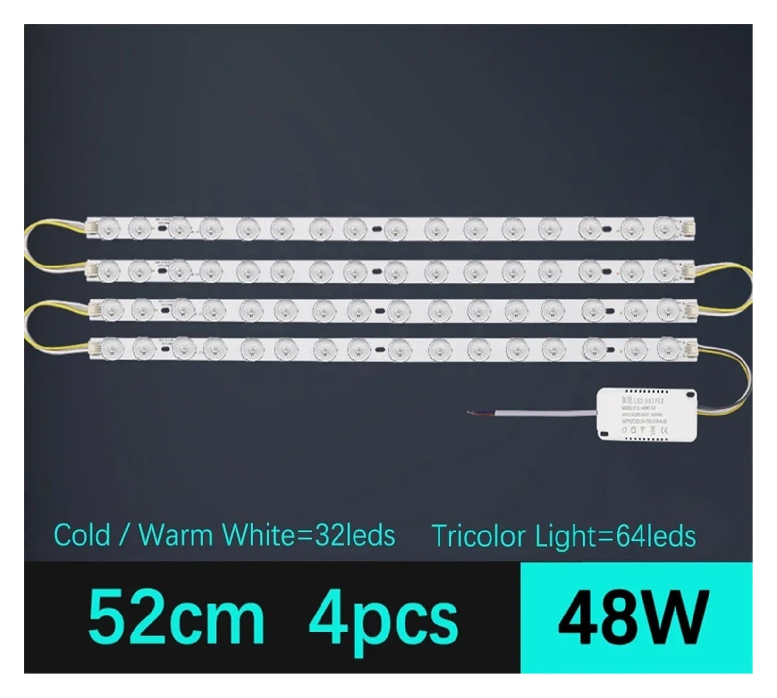 Led-deckenleuchte Modul 220V Ersatz Led Licht Bar Modul Lampe Bord 22/31/41/52cm Streifen Lichtquelle for Wohnzimmer Lampe(52cm 4psc 48w,Tricolor Light)