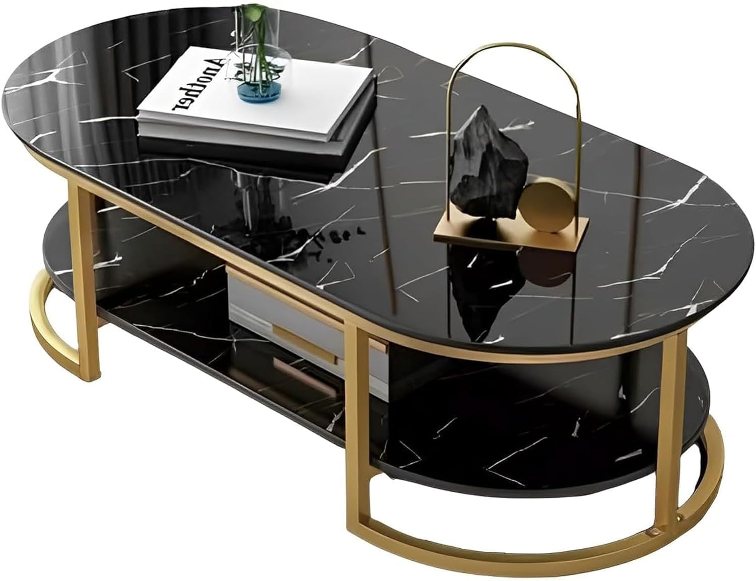 Welltrade Shoppee Coffee Table for Office, Dining, or Tea Room, Center Table for Living Room, Contemporary Simple Sofa Cocktail Table with Marble Look Desktop and Gold Metal Frame (Black & Gold)-image-41