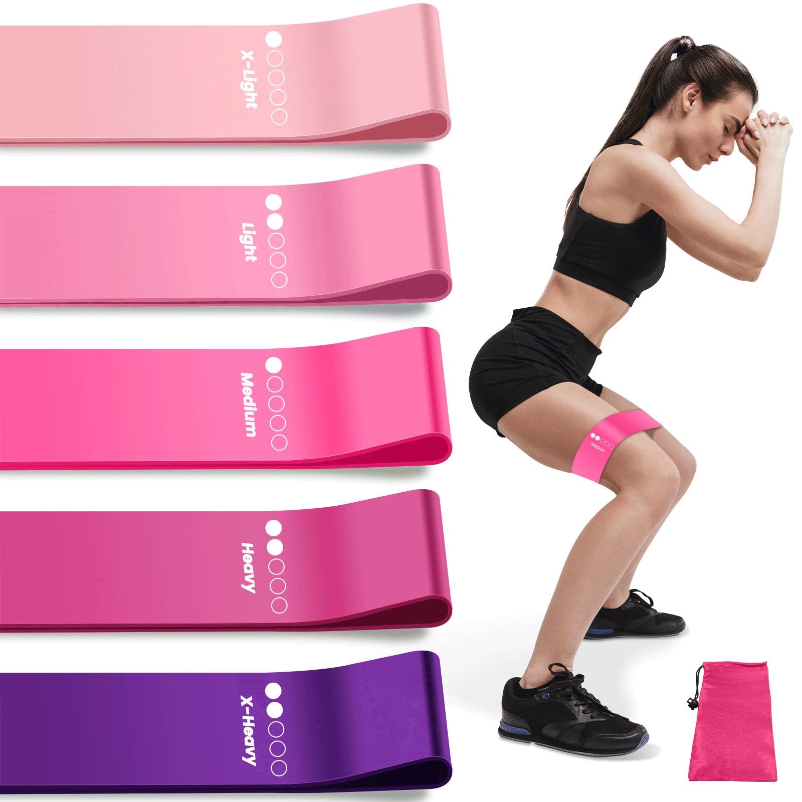 Resistance Bands, Exercise Bands Resistance Bands Set With 5 Resistance Levels, Skin-Friendly Workout Bands for Indoor Fitness, Leg Strength Training, Rehab, Gym,Yoga (Pink)