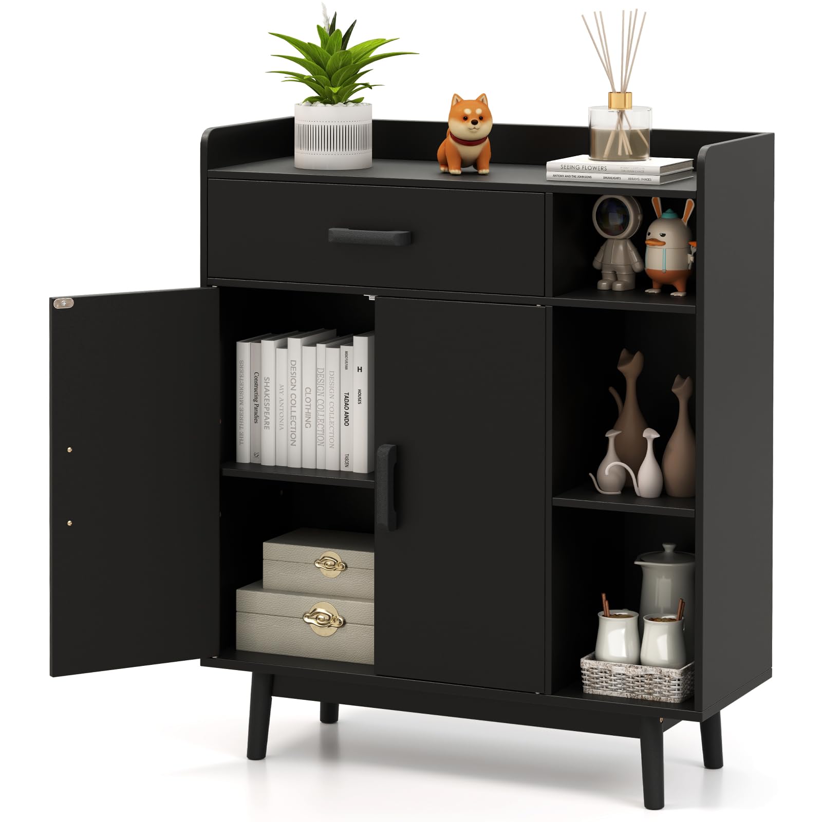 COSTWAY Sideboard Storage Cabinet, Freestanding Wooden Bookcase with Drawer and Adjustable Shelves, Home Hallway Entryway Display Organiser Cupboard (Black)