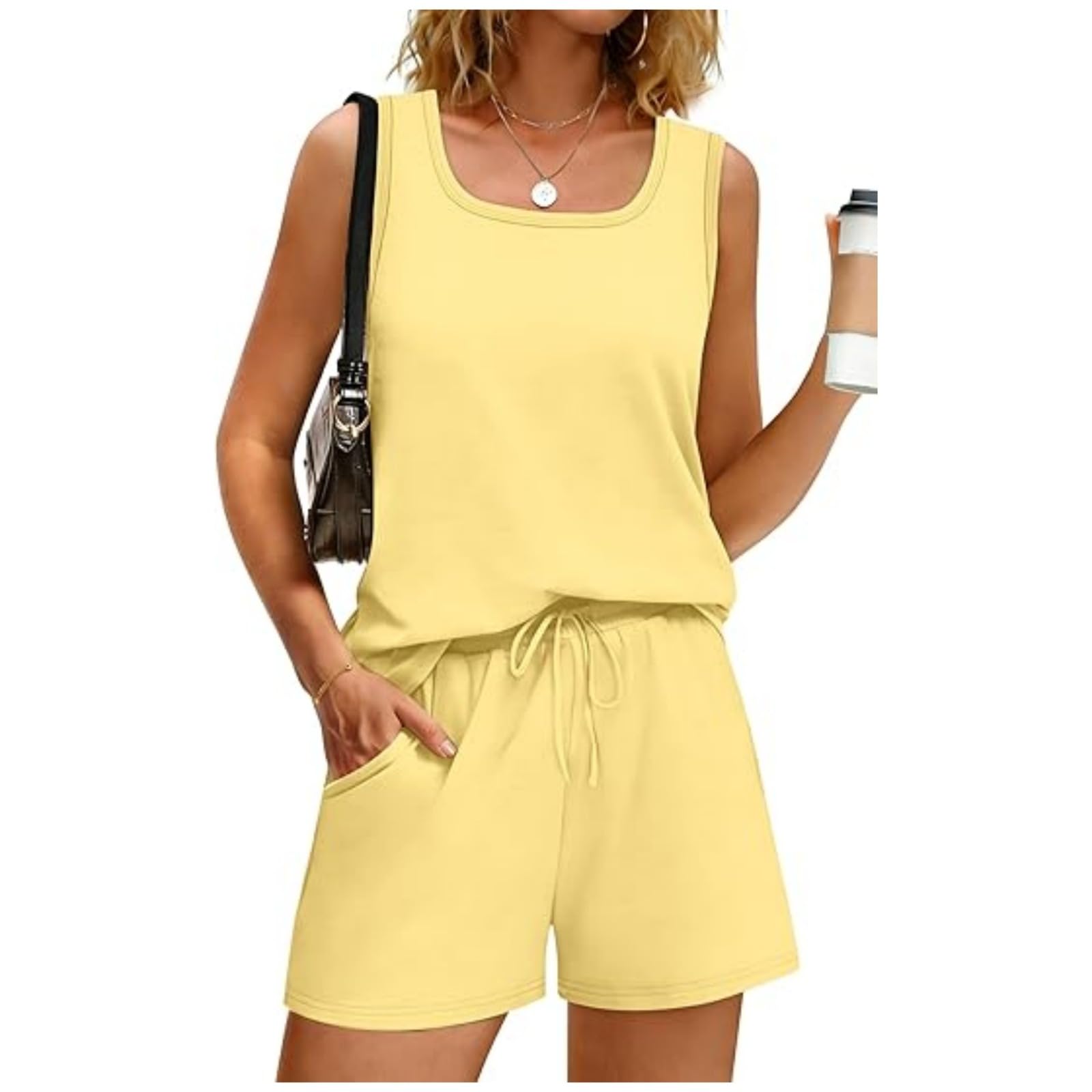 Completo da donna in due pezzi con pantaloncini, canotta senza maniche e pantaloncini elastici con tasche, pigiama estivo in cotone allentato, abbigliamento per il tempo libero, abbigliamento sportivo