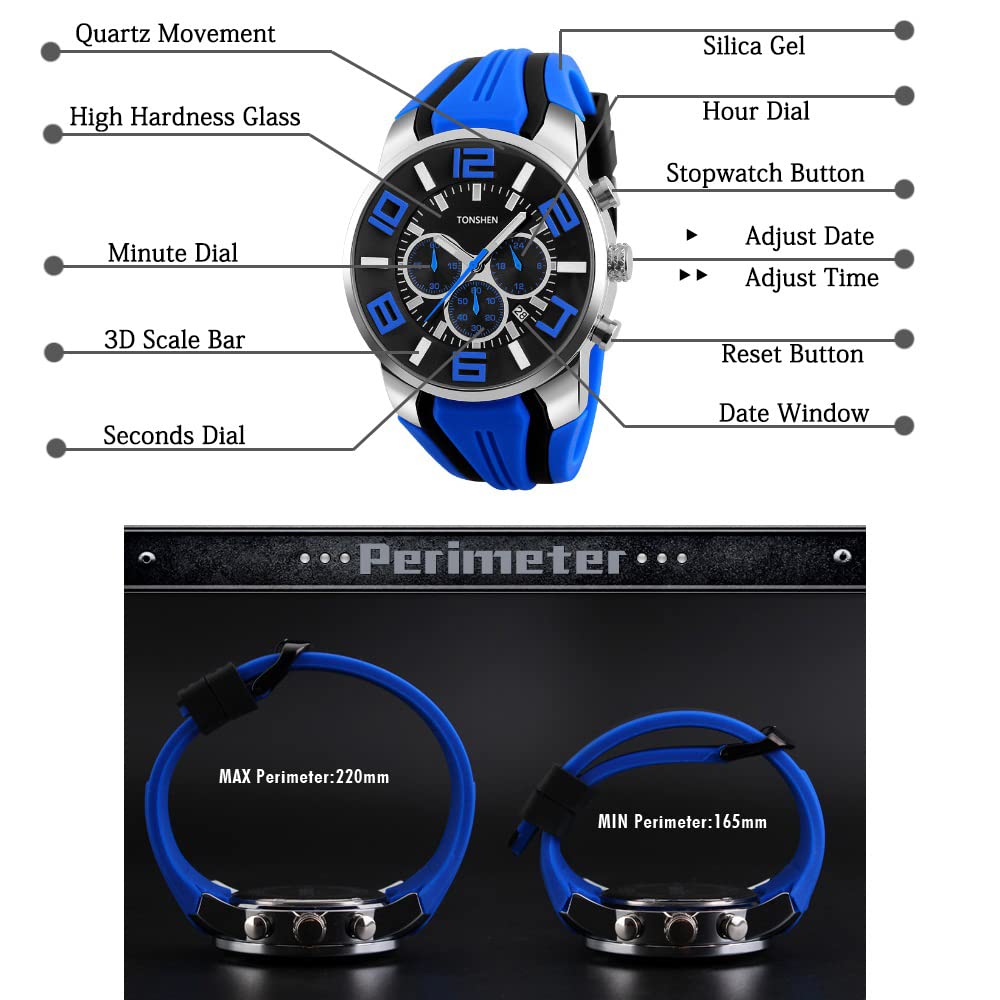 TONSHEN Hommes Montre Bracelet Acier Inoxydable Sport Mode Classique Analogique Montres Hommes Grand Numérique Affichage Doux Caoutchouc Bande Double Temps Robe Montre Sub Dial Chronomètre