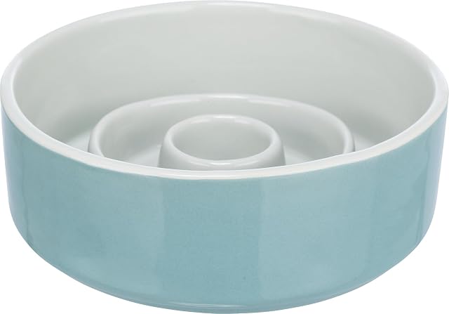 Trixie Slow Feeding Comedero Cerámica, Gris/Azul, 0,9 l/ø 17 cm