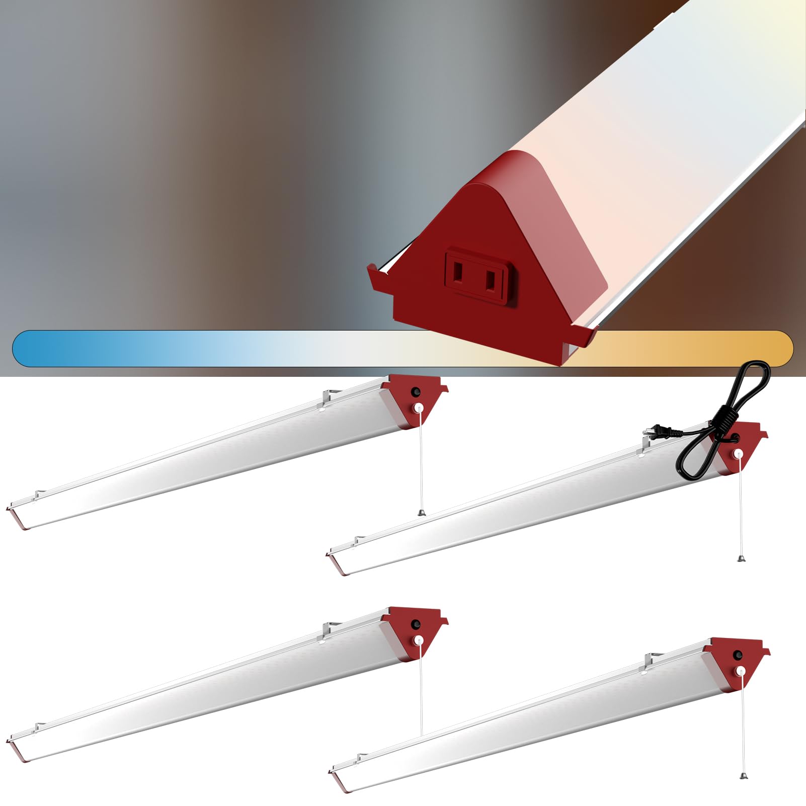 Lightdot 4Pack 4FT LED Shop Light, Linkable LED Shop Light 50W 7500LM 100-277V 3000K/4000K/5000K Selectable, Heavy-Duty Utility Lights with Pull Chain, Hanging&FlushMount Integrated Fixture-Red