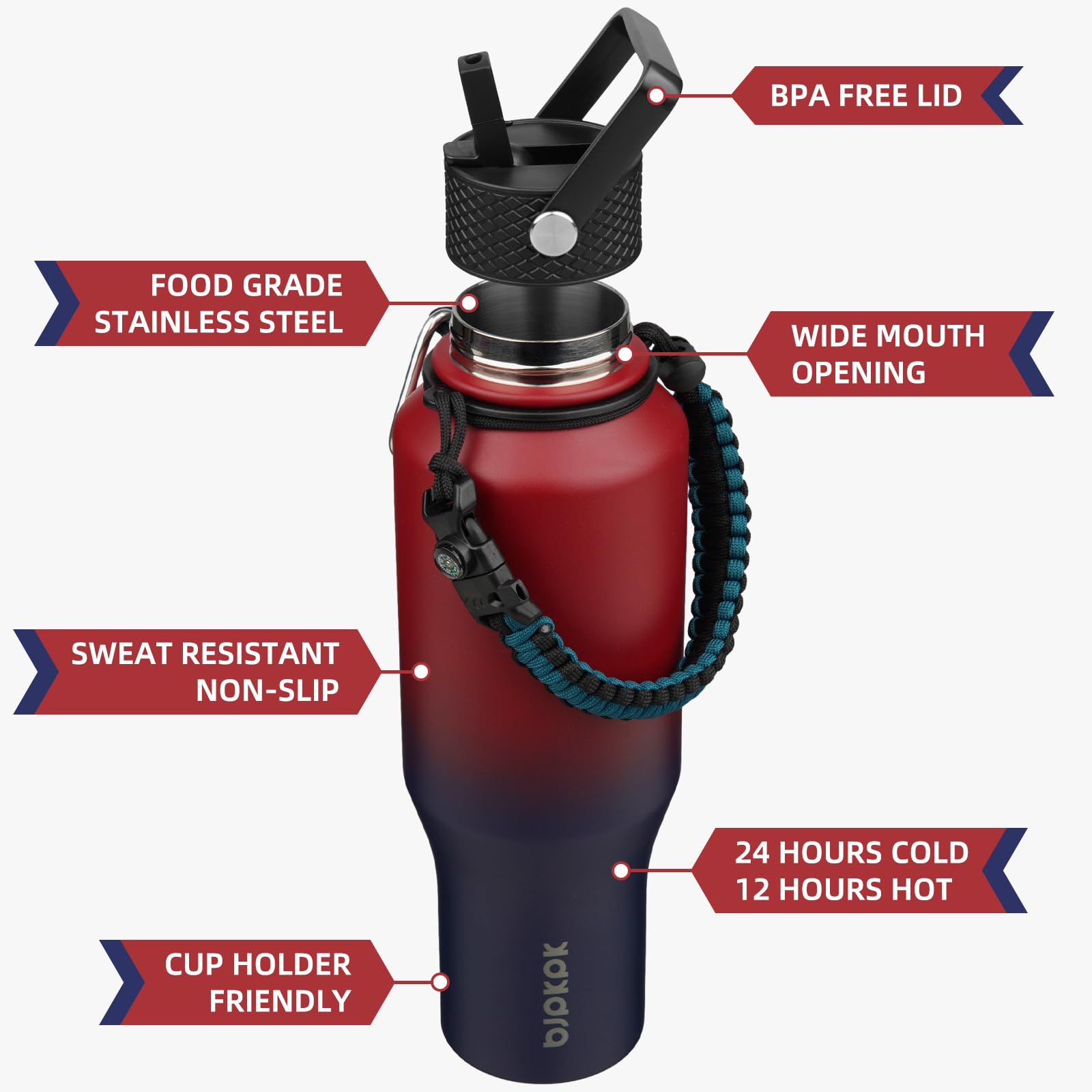 BJPKPK Botellas De Agua Aisladas De 27 Onzas Con 3 Tapas, Mango De Cuerda De Paracaídas Y Funda Antideslizante, Botella De Agua De Acero Inoxidable Con Pajilla, Termo A Prueba De