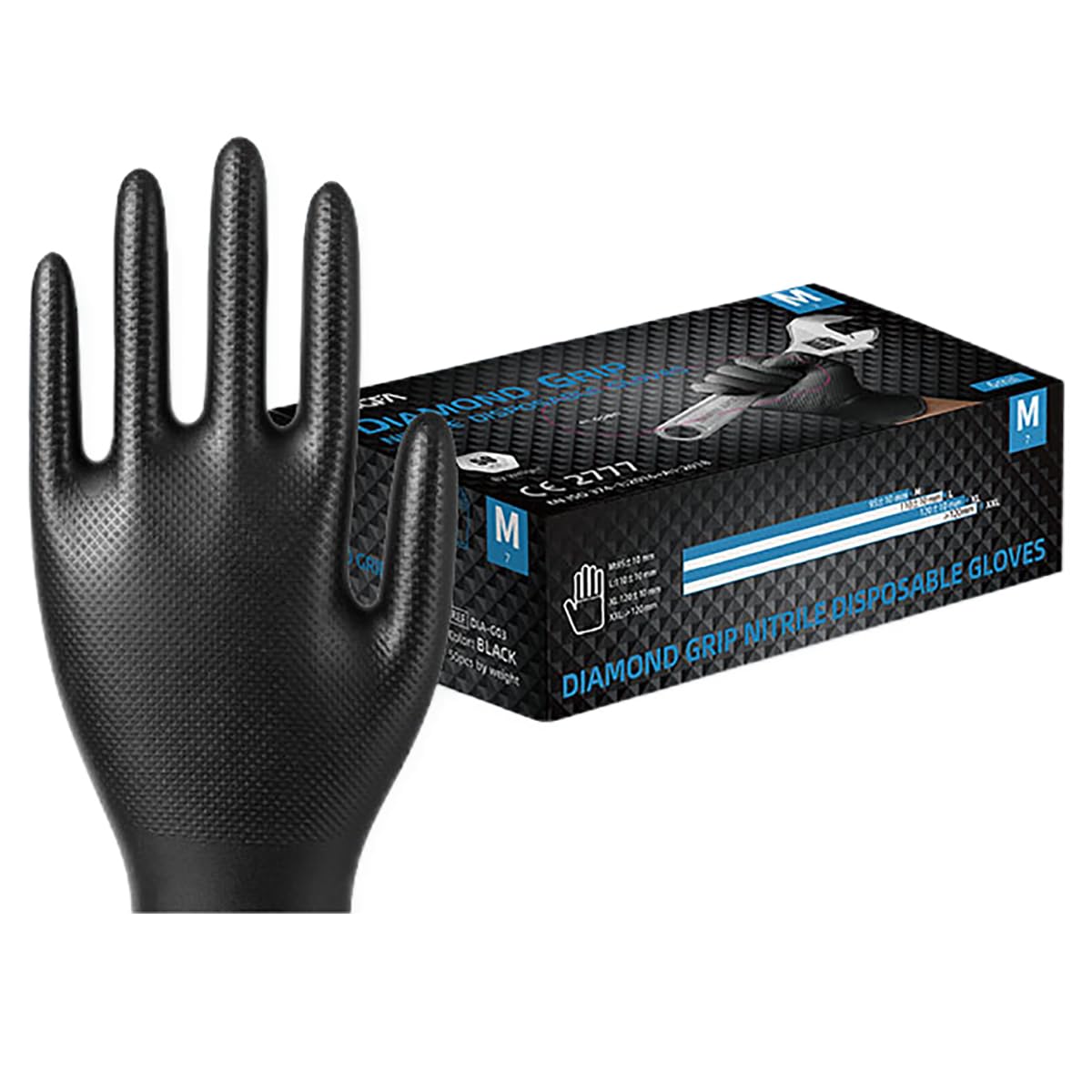 KINGFA DIAMOND GRIP Extra Stark Nitrilhandschuhe | Hochfeste, texturierte Einweghandschuhe für Kfz, Industrie & Labor | Arbeitshandschuhe Öl- und Chemikalienbeständig | 50 Stk/Box (500, Schwarz, XL)