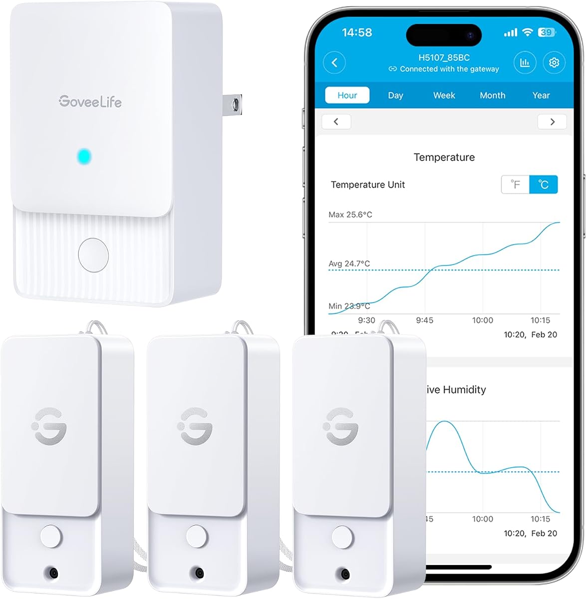GoveeLife Outdoor Indoor Wi-Fi Gateway Thermo-Hygrometer Wireless, 3 Pack | IP65 Waterproof Temperature Humidity Sensor with Remote APP Alert, 1312ft Monitoring Range, for Home, Greenhouse, Patio