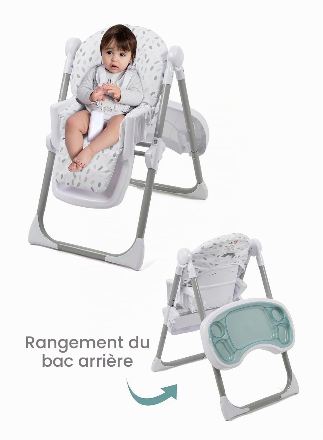 Babylo Hi Lo Chaise haute et chaise junior, 6 hauteurs, 3 positions d'inclinaison, plateau amovible à 2 couches et harnais de sécurité à 5 points de 6 mois à 15 kg
