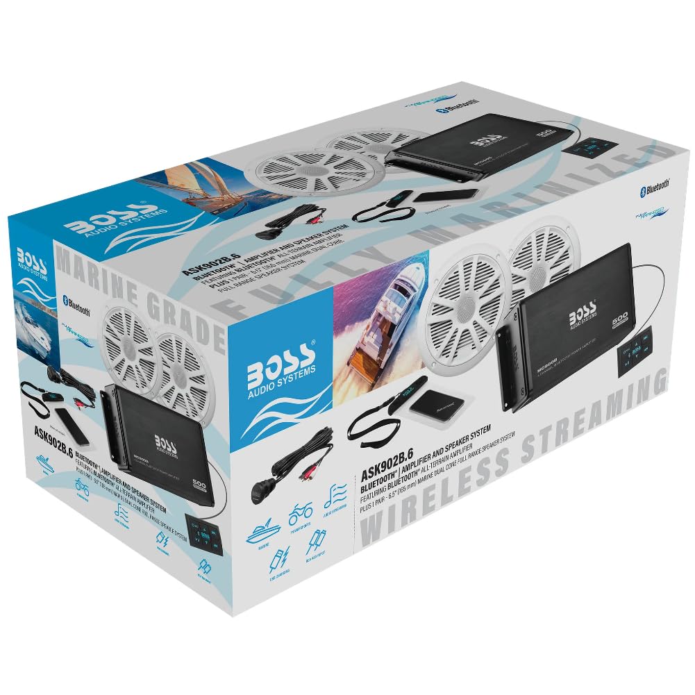 KIT Set pour Boss Audio Systems ASK902B.6 kit Marin avec amplificateur Bluetooth MC900B 4 canaux, Paire d'enceintes MR6W 90 Watts rms 180 Watts Max, Un étui pour Smartphone, 1 kit + Accessoires