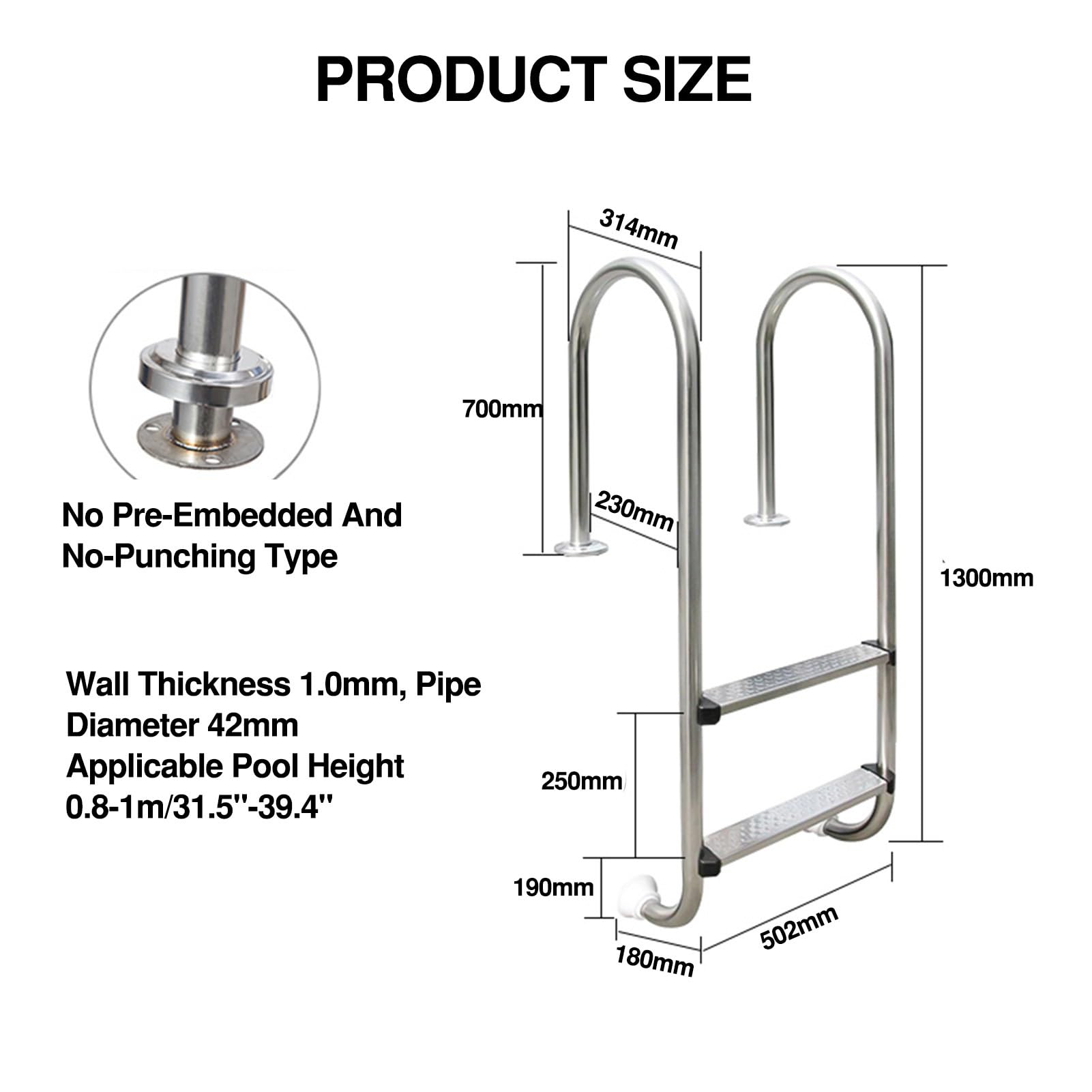 Scaletta per Piscina Integrata, gradini Antiscivolo Resistenti, in Acciaio Inox 304, Adatta per Piscine e Spa (2 gradini)