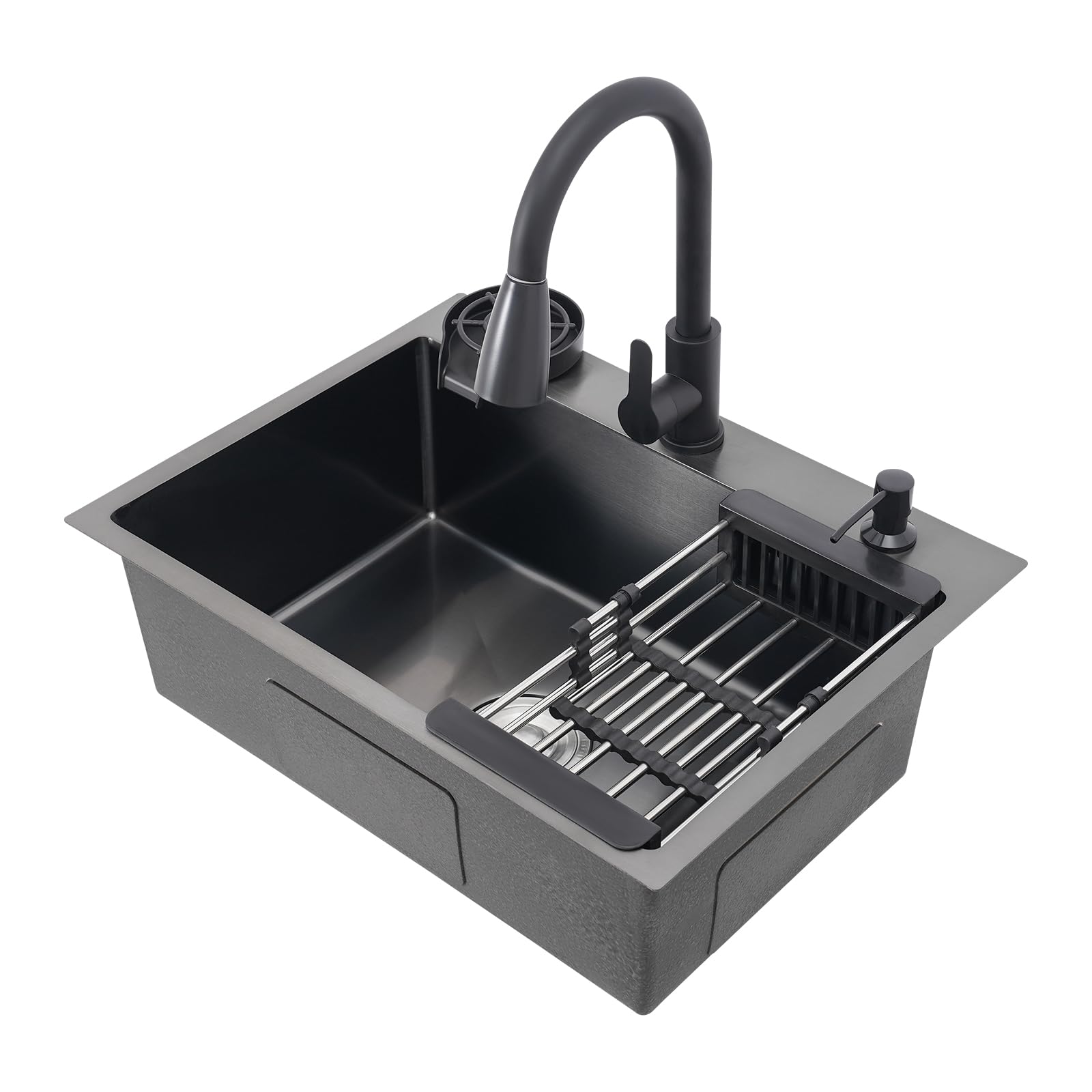 Edelstahl Spülbecken 60 cm Breit mit Ausziehbar Küchenarmatur Abtropffläche Seifenspender Schalldämmung-Schicht Tasserneiniger Abflussrohr Abflusssieb Schwarz Eckig Küche Spüle Küchenspüle 1 Becken