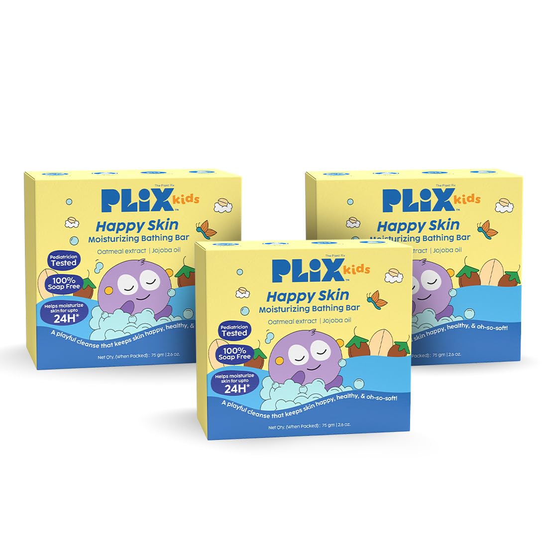 PLIX - THE PLANT FIX Kids Happy Skin Moisturizing Bathing Bar Pack of 3 | Soap-Free Cleanser with Oatmeal & Jojoba | 24-hour hydration & skin-softening care | Pediatrician Tested | 75g x 3-image-48