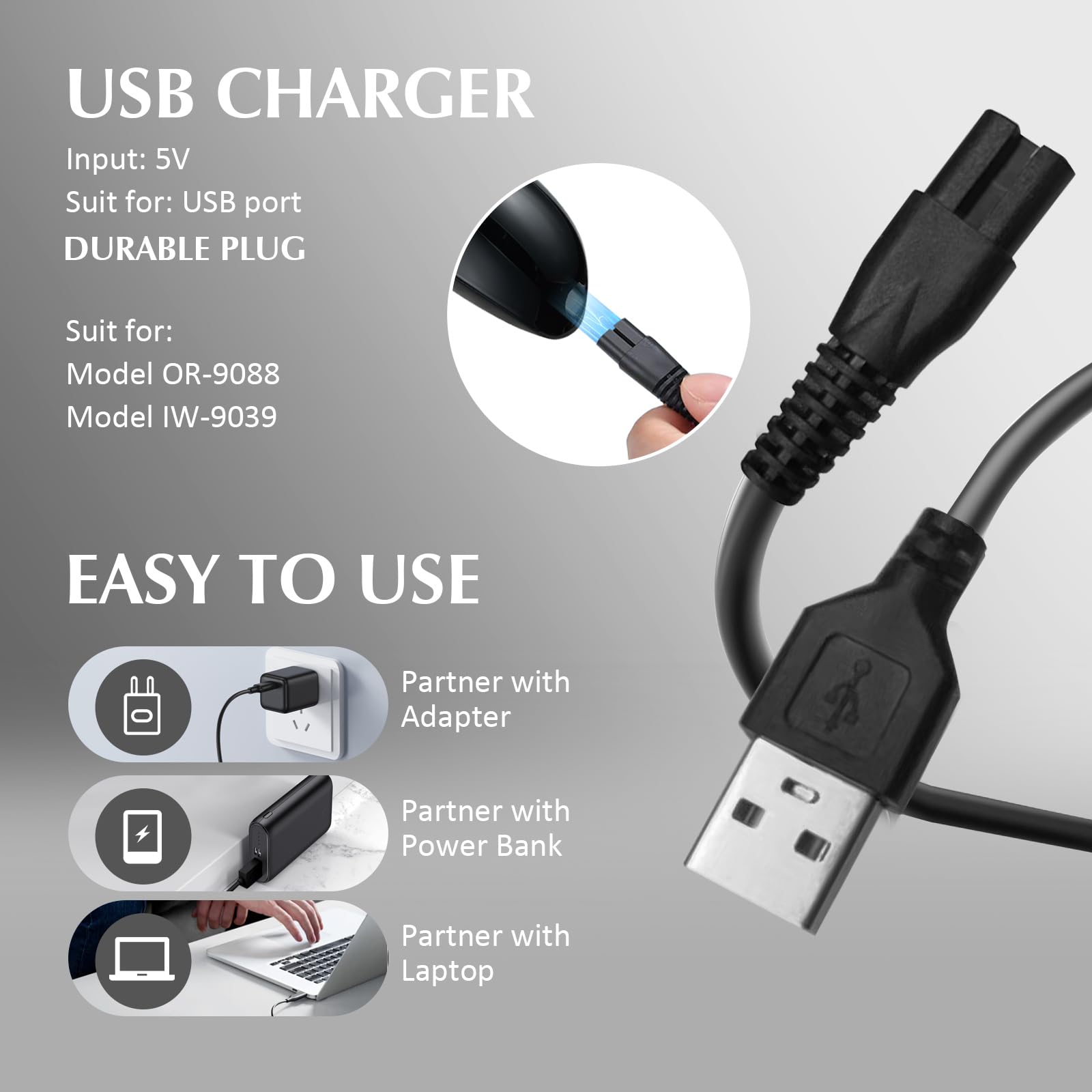 Cavo di ricarica USB, cavo USB durevole in tutto il mondo per OR-9088-Black Model IW-9039-Spazzola per la pulizia del viso modello oro rosa