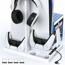 PS5/Slim/Pro 支架和冷却站,带 LED 控制器充电站,适用于 PlayStation 5 控制台、控制器充电器、冷却支架、PS5/Slim/Pro 皮肤配件套件,带 3 级冷却风扇