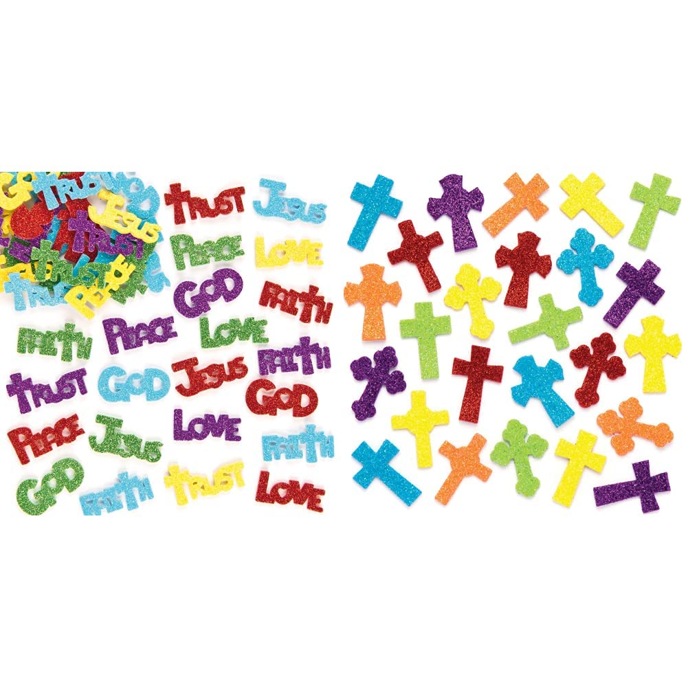 Baker Ross ET203 Inspirational Glitter Foam Stickers Self-Adhesive Shapes Kid's Craft Embellishments for Decorating & Card Making - Pack of 150 & Cross Glitter Stickers - Pack of 120
