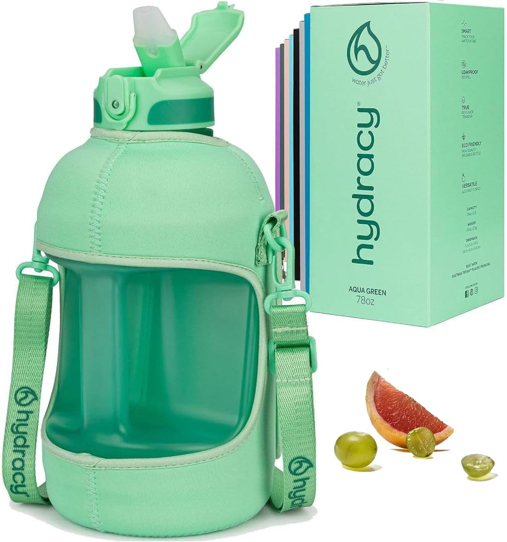 Hydracy Water Bottle with Time Marker -Large BPA Free Water Bottle & No Sweat Sleeve -Leak Proof Gym Bottle with Fruit Infuser Strainer & Times to Drink -Ideal for Fitness Sports & Outdoors