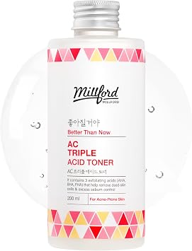 AC Triple Acid Toner 6.76 Oz, 200ml, AHA/BHA/PHA Exfoliating Daily Face Toner, Salicylic Acid, Oily Skin