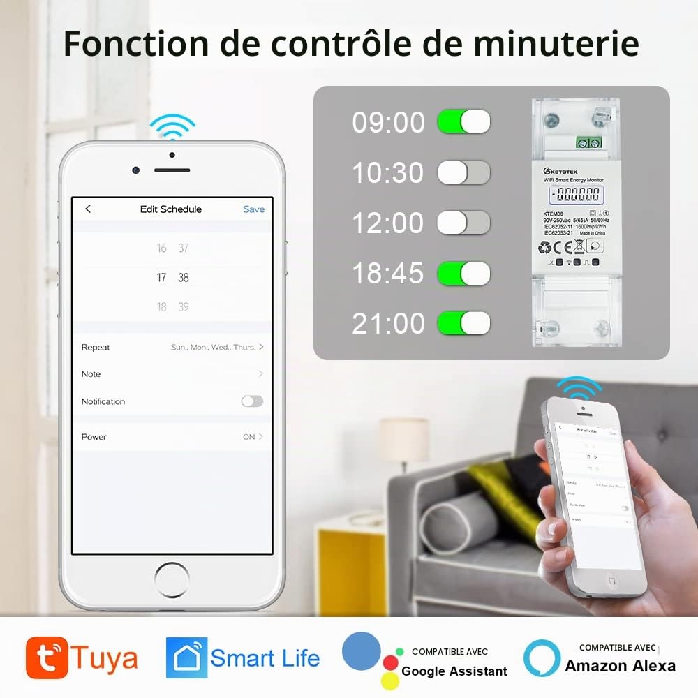 KETOTEK WiFi Compteur d'Énergie Monophasé Rail Din Compteur électrique Numérique AC 5(65) A 90-250V Wattmetre Consommation Electrique Mètre Watt KWh Smart Single Phase Energy Meter