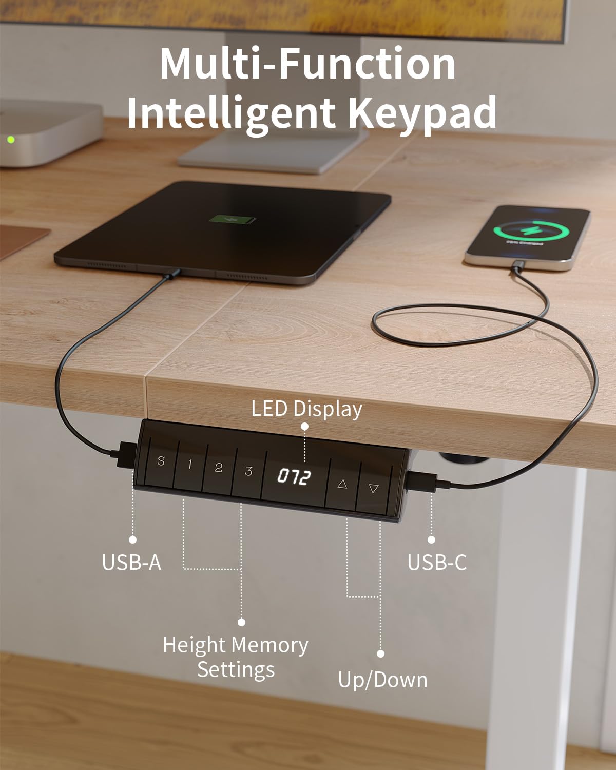 FEZIBO Bureau Assis Debout avec Ports de Charge USB-A et USB-C - 140 x 70 cm - Bureau électrique réglable en Hauteur - Standing Desk- Chêne