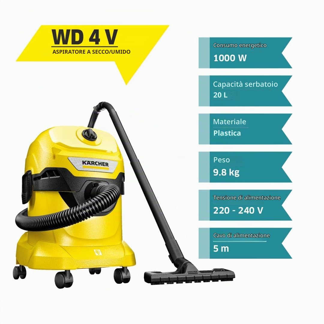 Kärcher WD 4 V-20/5/22 - Bidone Aspiratutto Solidi Liquidi, Aspirapolvere potente da 220AW, 1000W, con Sacco, Giallo/Nero