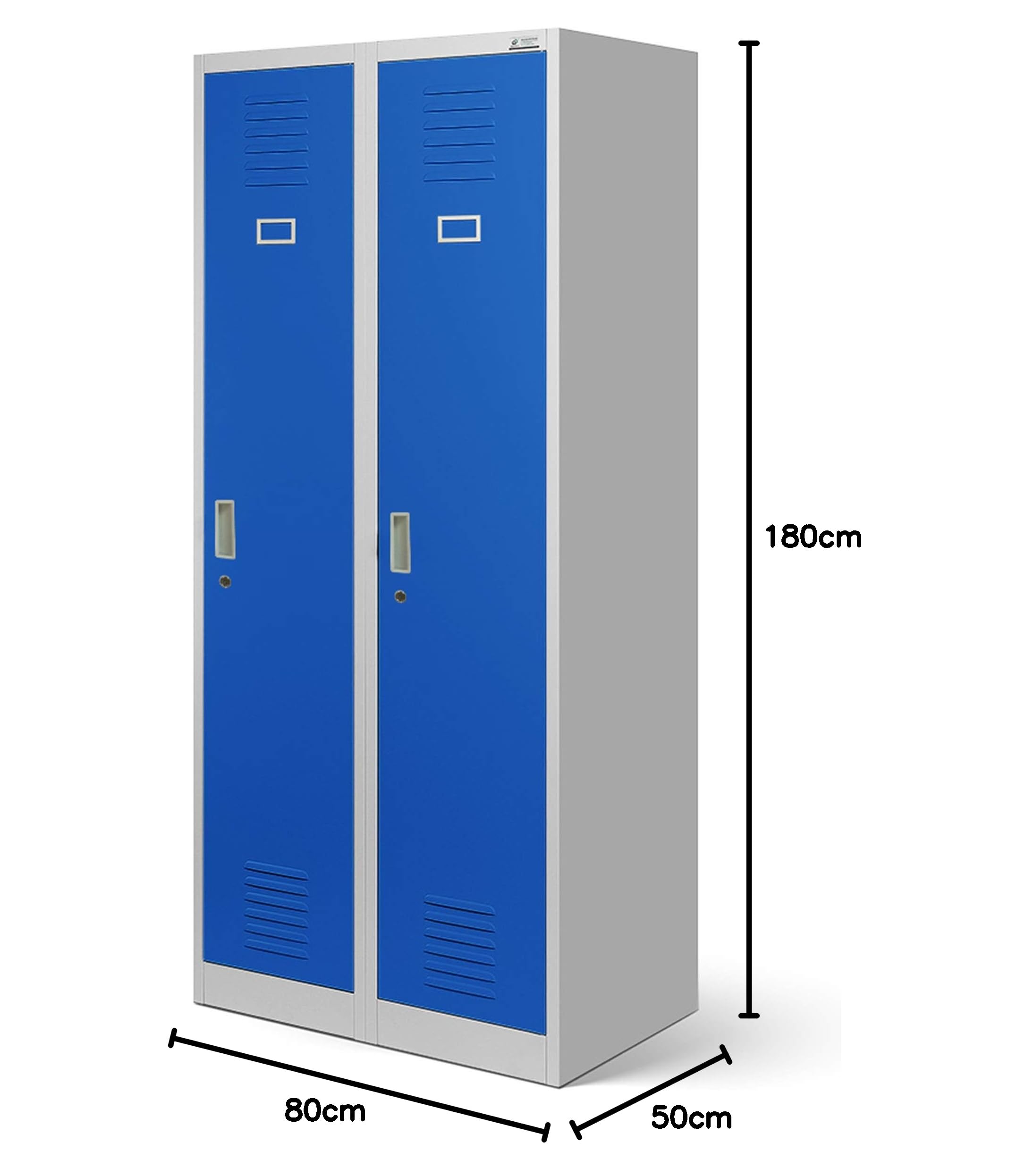 Jan Nowak Spind Schrank, Metallschrank, Kleiderschrank, Schließfachschrank | 2 Abteile mit Kleiderstange, Trennwände, Lüftungsschlitze, 4 Kleiderhaken pro Abteil | 180 cm x 80 cm x 50 cm, Grau-Blau