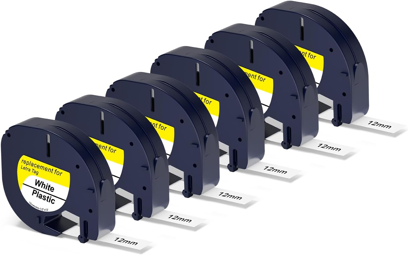 Replacement for Dymo LetraTag Refills 91331 - Dymo Letra Tag Label Maker Refill - Black on White Plastic Label Tape 1/2" x 13’ for LT-100H, LT-100T Plus, LT-200B, QX50 (6 Pack)