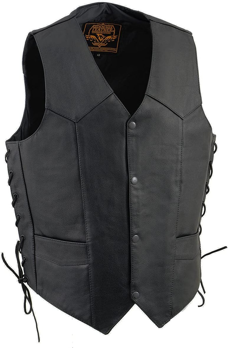 Milwaukee Leather SH1315 Men's Black Leather Classic V-Neck Side Lace Motorcycle Rider Vest w/Front Snap Closure