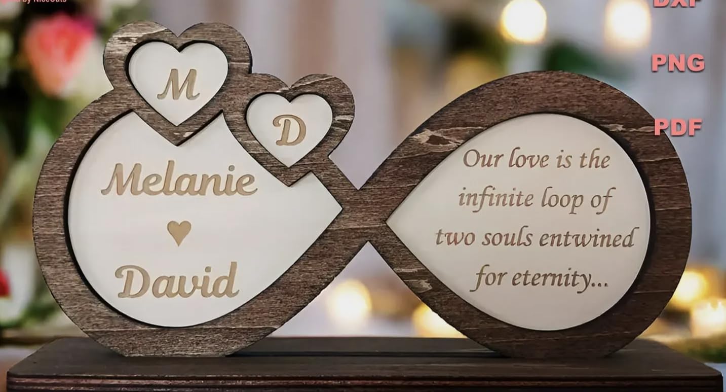JR Maderas Diseño Personalizado de Madera - Decoracion del Hogar - Simbolo del Infinito Personalizado con Nombre y Fecha en Madera - Boda - San Valentin - Novios - Regalo Original Pareja Aniversario.