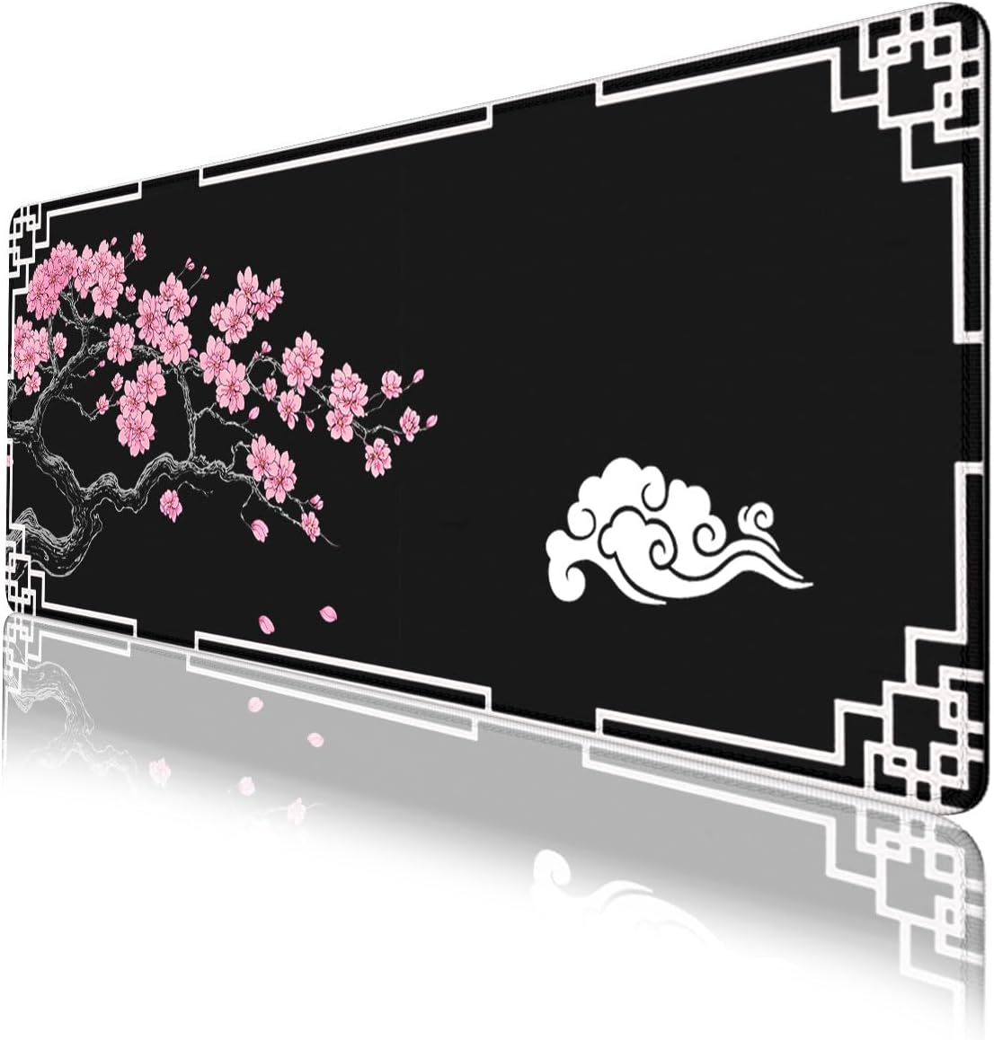 Cherry Blossom Gaming Mouse Pad Oriental Black Zen Art Extended Mousepad Waterproof Stitched Edges Rubber Base Non-Slip Deskmap Computer Keyboard Mat 31.5x11.8 Inch
