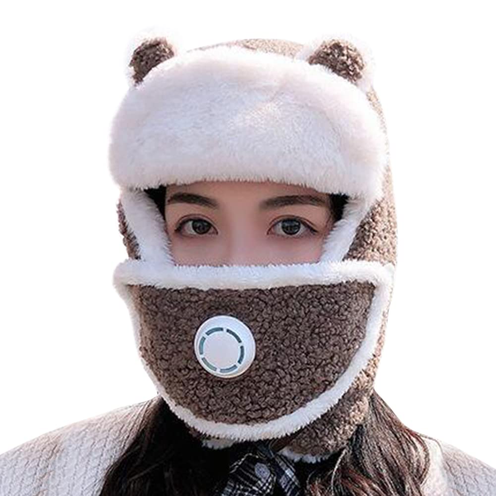 haozaikeji 3 in 1 Wither Trapper Hat for Women Sweet Girls Winter Hat All-Around Face Neck Warmer Ear Flap Thick Faux Fur Lined Pilot Hat Ski Cap for Outdoor Skating Skiing Hunting