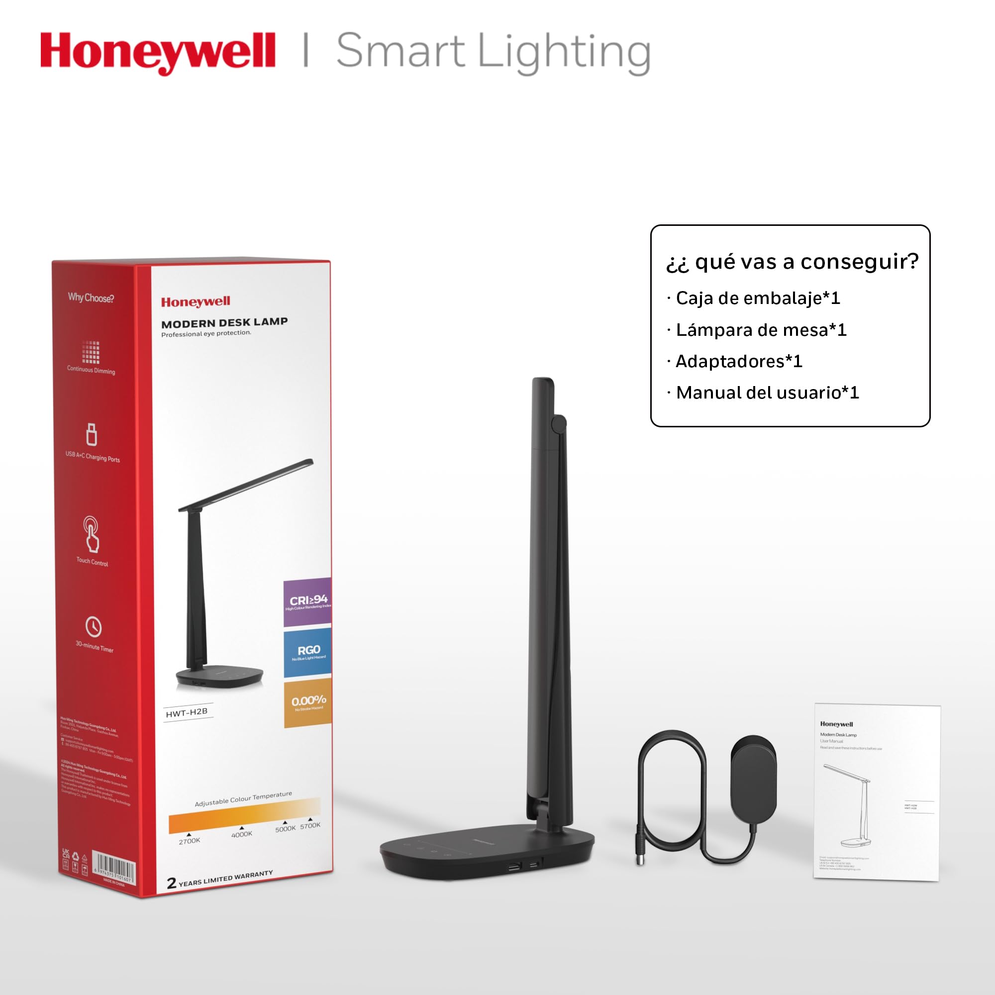 Honeywell HWT-H2 Lámpara de Escritorio LED, Luz de Espectro Completo CRI94, Lámpara de Mesa Regulable con Puertos USB-A y USB-C, Control Táctil, Lámpara Plegable para Oficina, Lectura y Estudio, Negro