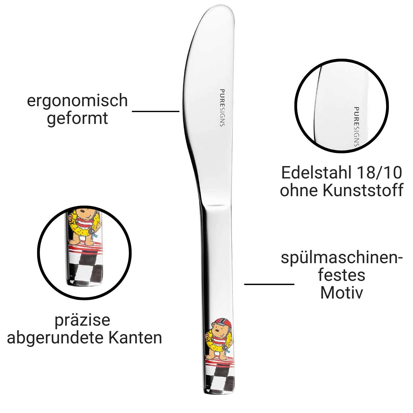 Puresigns Kindergeschirr Set 7-teilig QUICK, Keramik Geschirr & Edelstahl Besteck für kleine Helden - kindgerecht & spülmaschinenfest Fantasievolles Besteck