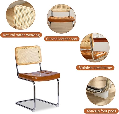 Miniatura 4 de 2-Piece Modern Dining Chairs, Faux Leather Upholstered Side Accent Chairs with Rattan PanelsComfortable Upholstered Seats for Dining Room (Brown, 2